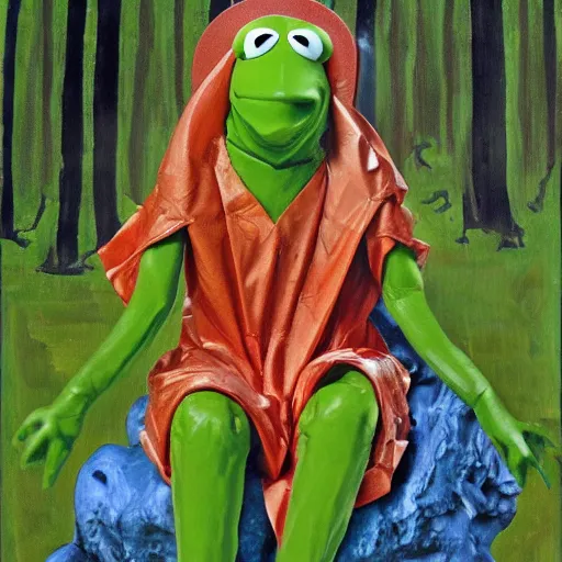 Prompt: kermit the frog as a holy sacred god on acid in the woods as a masterpiece painting by john chamberlain and judy chicago