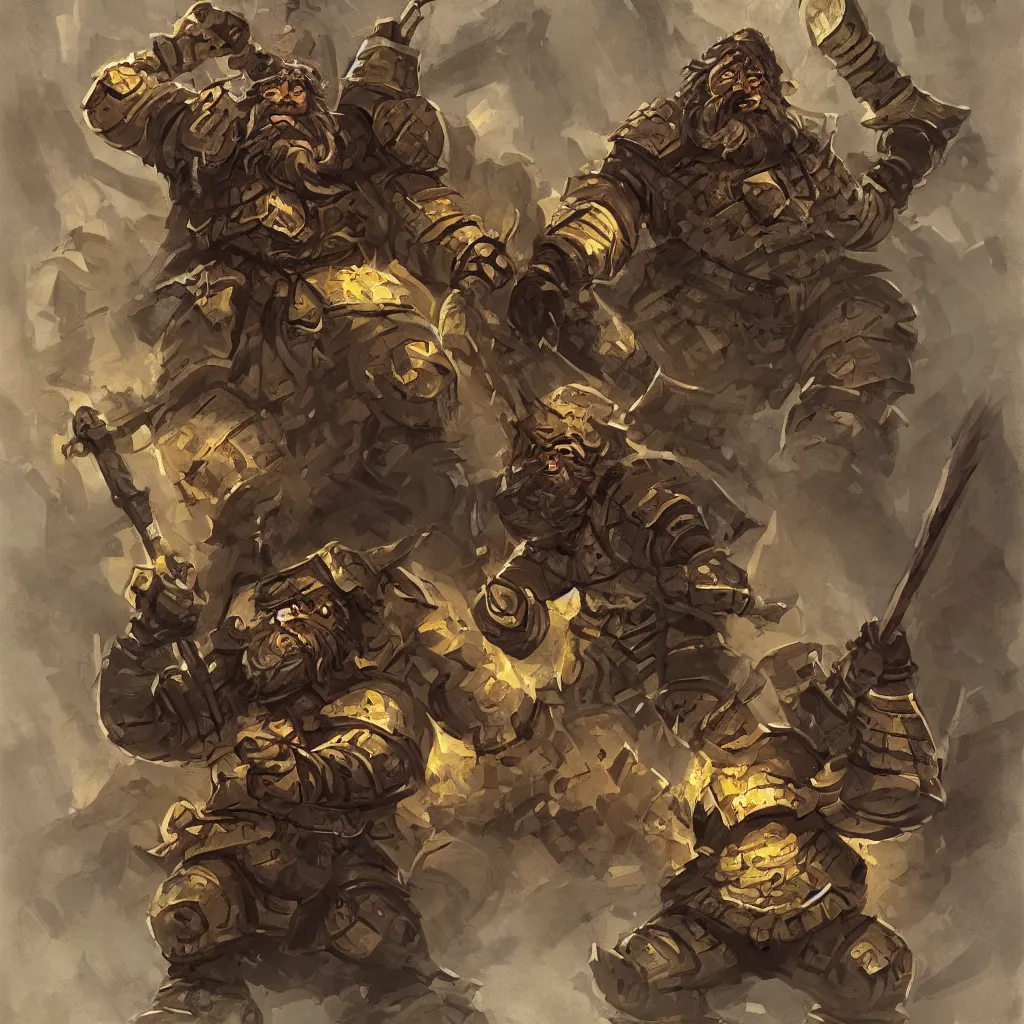 Prompt: a dwarven warrior defending a treasure room from goblins, concept art, dim lighting