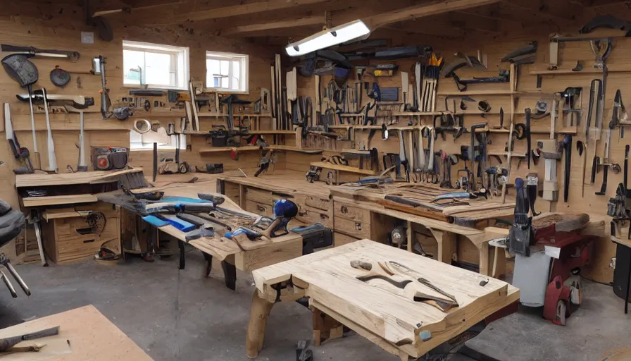 Image similar to A wood workers workshop with a lot of tools