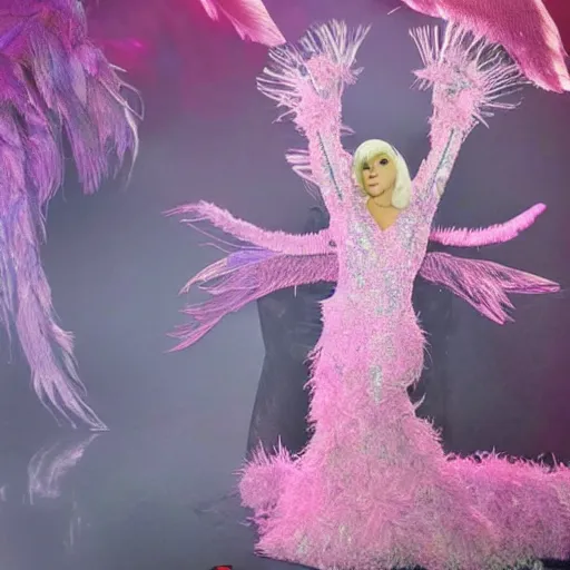 Image similar to Lady gaga in a pink dress standing in front of a crowd, a hologram by Alexander McQueen, trending on pexels, kitsch movement, made of feathers, ethereal, made of crystals