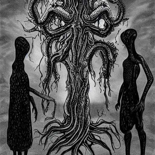 Prompt: lovecraftian eldritch being, made of dark matter, formless, realistic eerie fantasy illustration