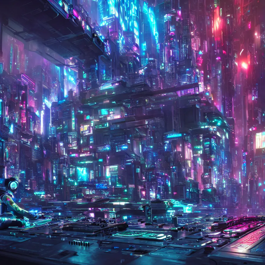 Image similar to a cybernetic dj performing in a cyberpunk city by juan p. osorio and leon tukker, album cover, beautiful modern colors, 4 k ultra,