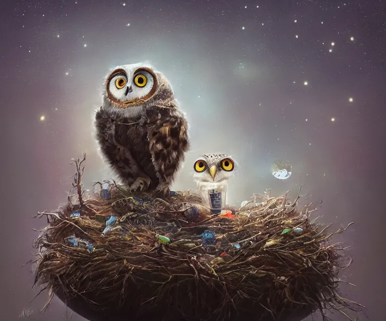 Image similar to long shot of a very cute owl chick nesting in a very futuristic cup, esao andrews, humorous illustration, hyperrealistic, big depth of field, warm colors, night scenery, low light, 3 d octane render, 4 k, conceptart, hyperdetailed, hyperrealistic, trending on artstation