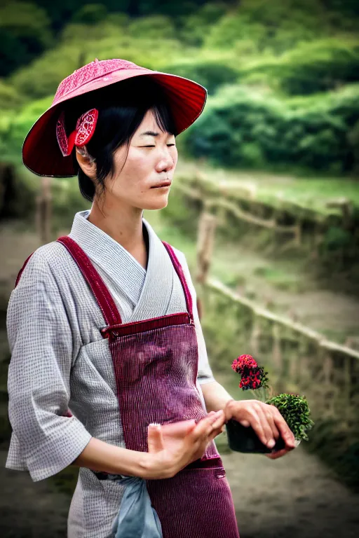 Image similar to japanesse farmer, cinematic view, bokeh, extreme detailed, vogue photo style, proportional, dynamic composition, details, intricate, comfort posse, smooth, sharp focus, body features, ultra realistic, award winning photo, captured by nikon d 8 5 0, 4 5. 7 mp lens, 4 k, full body.