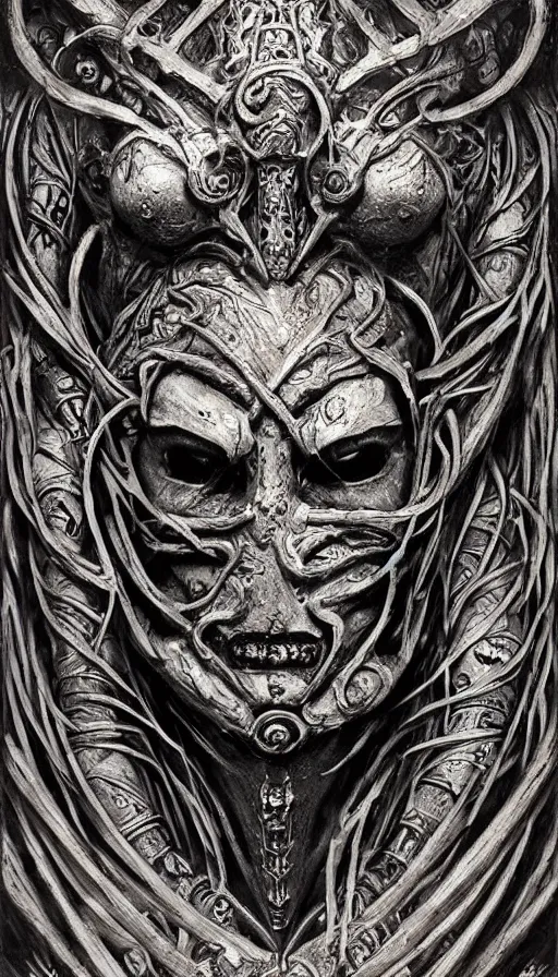 Image similar to ancient biomechanoid hybrid slavic multifaced god armored head fantasy beautiful human witch face mask tattoo pattern concept, glagolitic glyph, intricate artwork by, Johnatan Wayshak, Zdizslaw Beksinski, Artgerm, H.R. Giger, very coherent artwork, cinematic, hyper realism, high detail, octane render, unreal engine, 8k, High contrast, higly detailed black ink outline, crosshatch sketch gradient