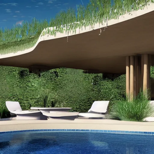 Image similar to architectural rendering of habitat 6 7 in the desert, biophilia style, pool, garden