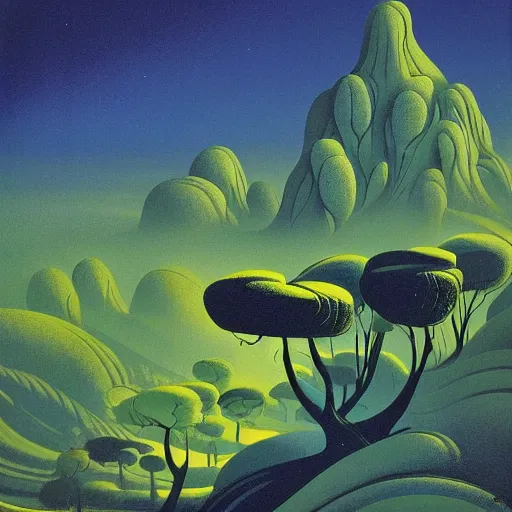 Prompt: painting of a lush natural scene on an alien planet by eyvind earle. magical realism. beautiful landscape. weird vegetation. cliffs and water.