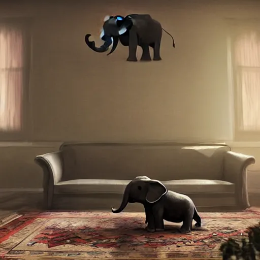 Image similar to elephant in the living room sitting on a sofa, by greg rutkowski, artstation, unreal engine.