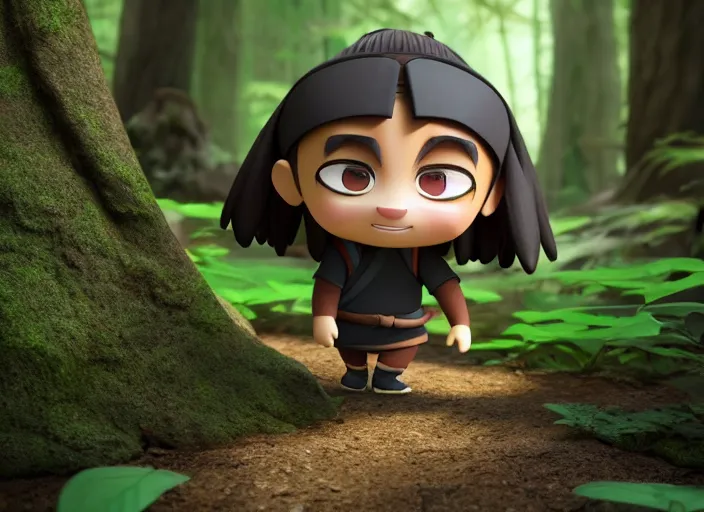 Prompt: zen ninja as nendoroid walking in a forest in the croods movie style, anime, disney, pixar, 8 k, hd, dof, kodak film, volumetric lighting, subsurface scattering, photorealistic, octane render, details