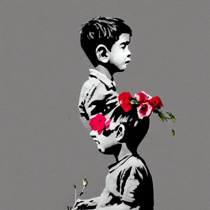 Image similar to a right side profile of a boy holding flowers in the style of Banksy, graffiti, digital art