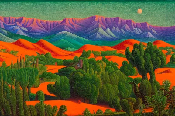 Image similar to a provencal ville on the surface of mars by asher brown durand, ansel adams and jean metzinger, oil on canva, color orange and color green