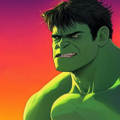 Image similar to ⁠portrait of The Incredible Hulk, New Mexican desert background, rich vivid colors, ambient lighting, dynamic lighting, 4k, HQ, official media, anime key visual, makoto shinkai, ilya kuvshinov, lois van baarle, rossdraws, detailed, trending on artstation