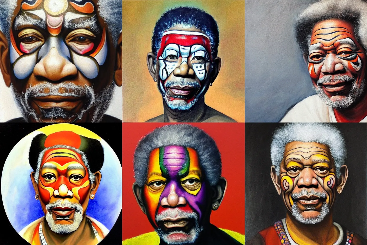 Prompt: a beautiful painting of Morgan Freeman with Kabuki face paint by Michelangelo and Leonardo Da Vinci