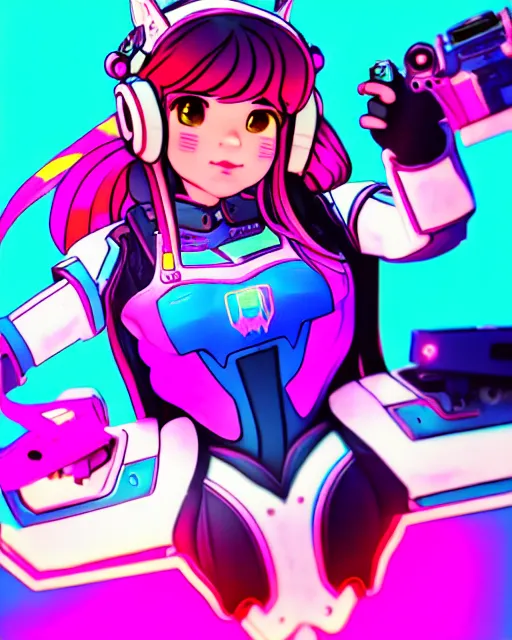 Image similar to chromatic aberration, drawing of d. va from overwatch, retro, vintage, cool, unique, interesting, original, vhs quality, adult swim, graphic