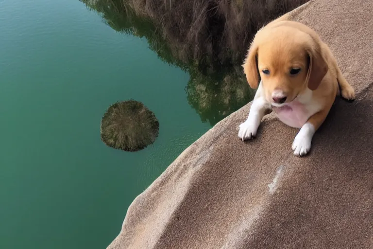 Image similar to an high angle view of a scared puppy that is looking directly down at the water below while standing at the edge