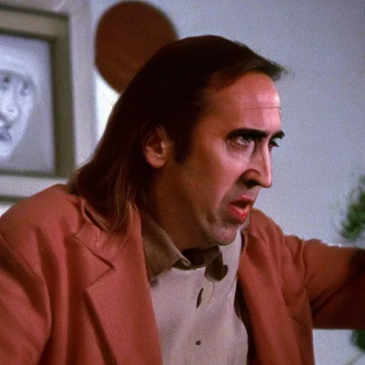 Prompt: frightening, creepy, scary, horrifying nicholas cage in twin peaks, scene from episode directed by david lynch and mark frost, 8 k, 1 9 9 0