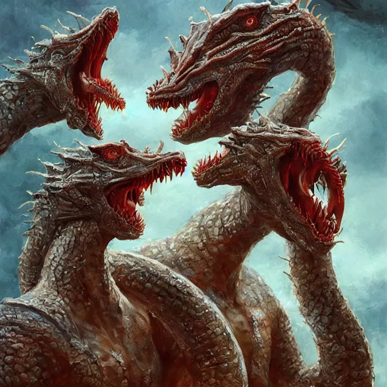 Image similar to two - headed hydra of lerna, jim carey as lloyd christmas beside jeff daniels as harry dunne ( from dumb and dumber ), serpentine water monster, d & d, fantasy, portrait, highly detailed, digital painting, trending on artstation, concept art, sharp focus, illustration, art by artgerm and greg rutkowski and magali villeneuve