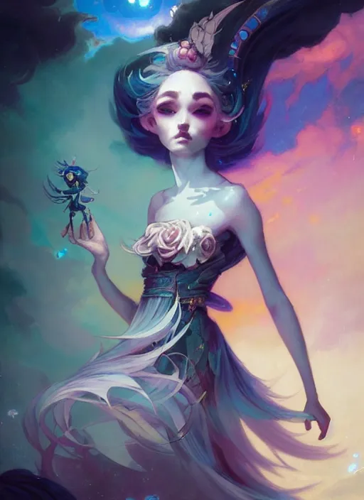 Prompt: close up picture of an maximalist dress magical girl, neat hair, extremely beautiful and aesthetic and detailed cute face and eyes, wipe out evils with cute familiar sprites, chiaroscuro, intricate, masterpiece, fantasy illustrations by peter mohrbacher and anato finnstark and jeremy lipking