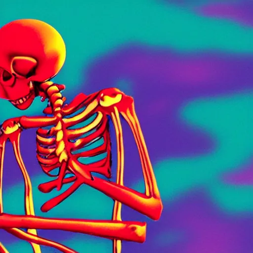 Image similar to A red skeleton infront of a vapourwave background