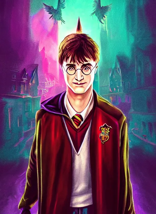 Prompt: harry potter portrait, hogwarts 2 0 7 7, neon, atmospheric, detailed, detailed illustration, 4 k, digital art, sharp focus, abstraction, trending on artstation