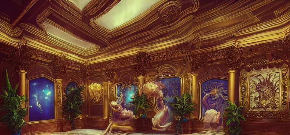 Prompt: vaporwave ombre detailed vast and ornate luxury hotel lobby. underwater themed. highly detailed, digital painting, artstation, concept art, smooth, sharp focus, illustration, ed hopper, chris moore. artgerm, tomasz alen kopera, peter mohrbacher, donato giancola, joseph christian leyendecker, wlop, boris vallejo