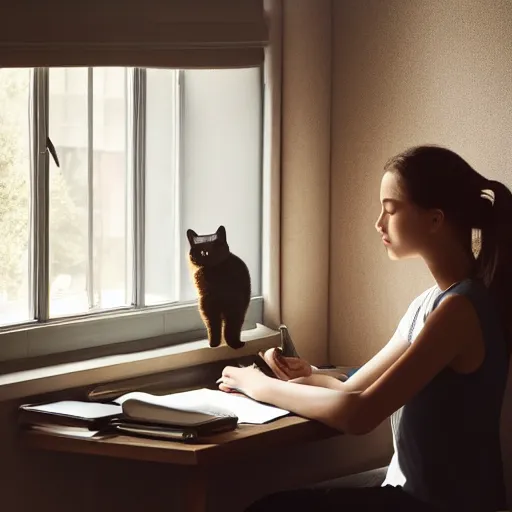 Image similar to peaceful dreamy painting of a young woman sitting at a desk with a black cat, sunshine coming through the window, 4k resolution, highly detailed