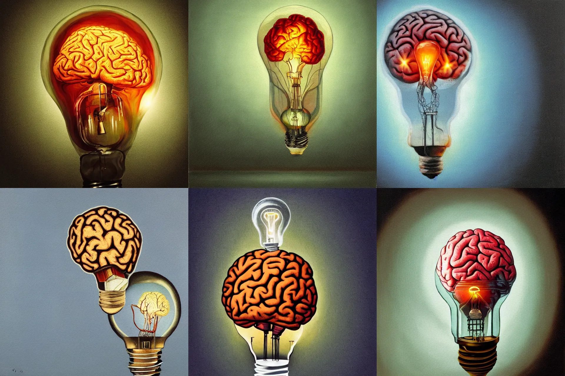 Prompt: A brain inside a lightbulb surrealism painting