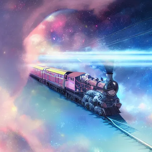 Image similar to train to heaven, digital art, galaxies, artstation, high quality