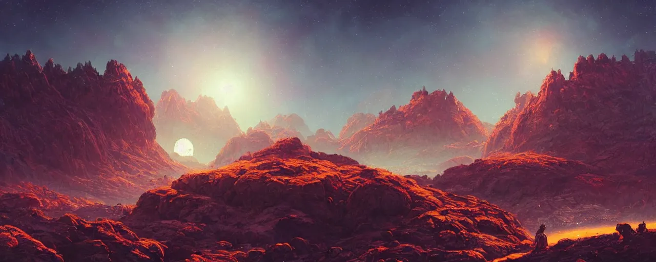 Prompt: ” outer planet with a rugged mountain range, [ art by paul lehr, cinematic, detailed, epic, widescreen, opening, establishing, mattepainting, photorealistic, realistic textures, octane render ] ”