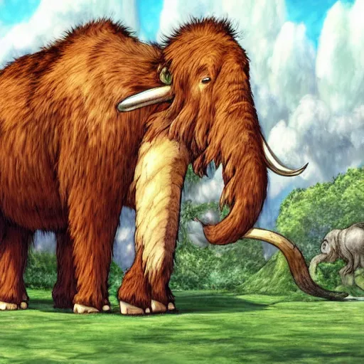 Image similar to a realistic cell - shaded studio ghibli concept art from paprika ( 2 0 0 6 ) of a giant wooly mammoth. very dull colors, wide shot, hd, 4 k, hq