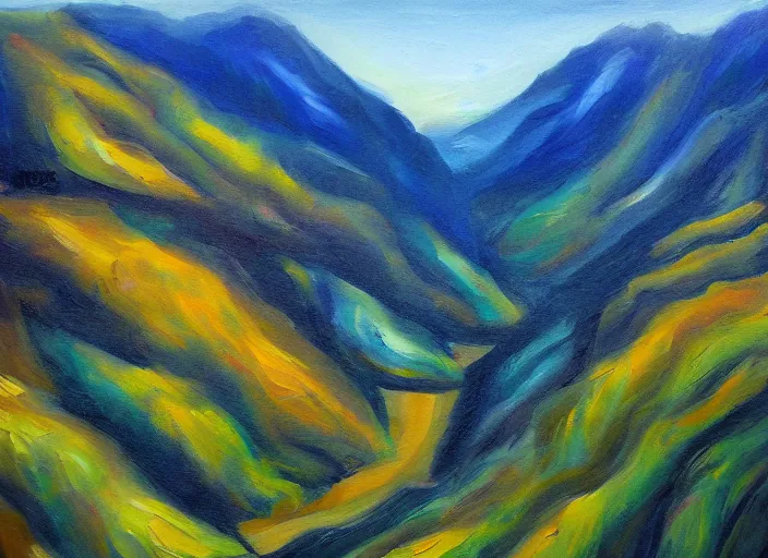 Prompt: figurative painting, landscape, hills as gorges