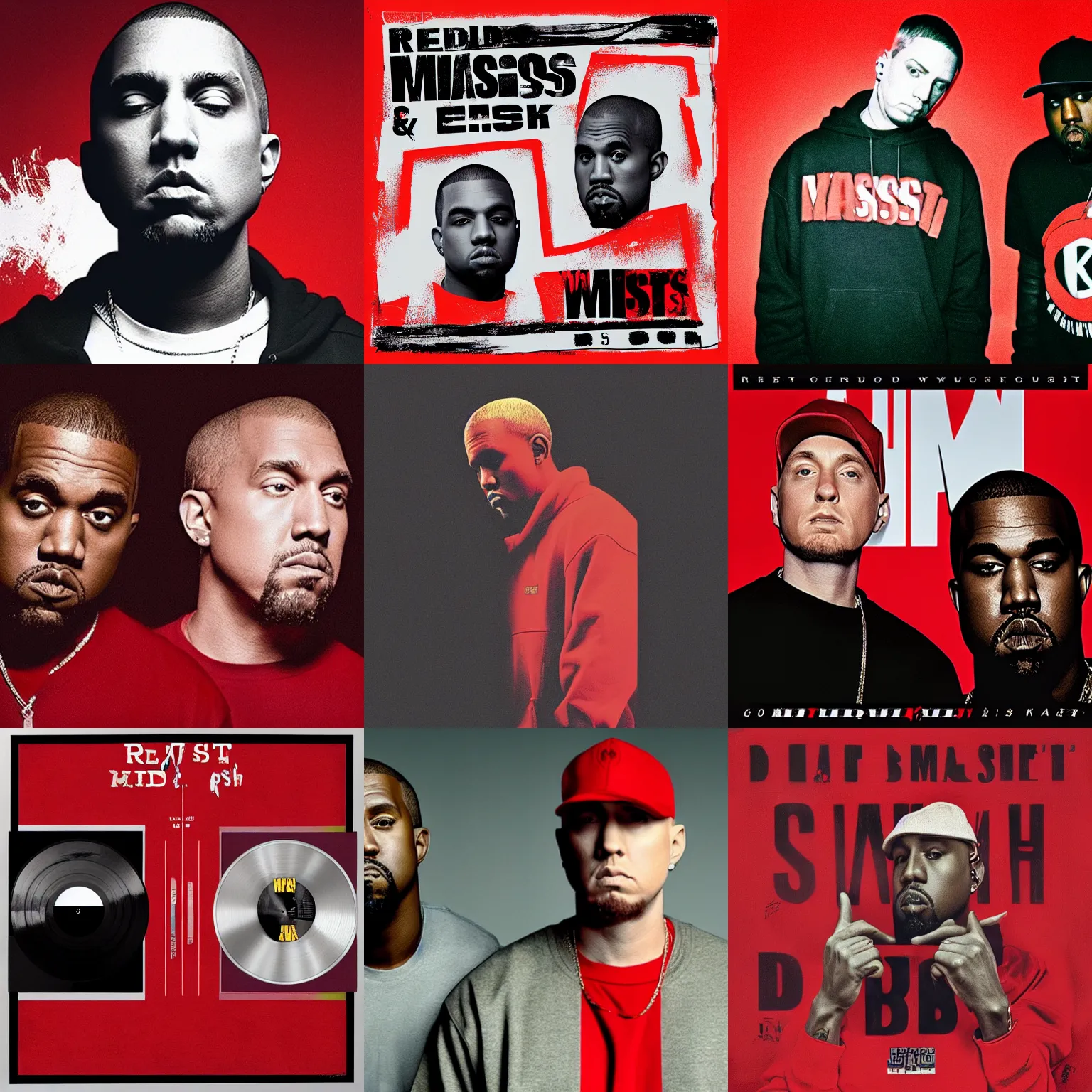 Prompt: eminem and kanye west colab album, red background, detailed, discogs, hd
