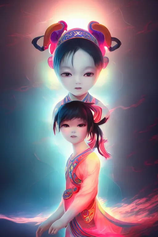 Image similar to cute nezha, mainland china, soft lights, cinematic, character concept design, highly detailed, volumetric light, symmetrical portrait, by new gods : nezha reborn, nezha : birth of the demon child, i am nezha, 8 k - - wallpaper