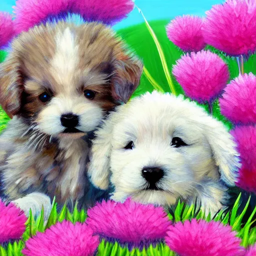 Prompt: cute fluffy animal friends puppy and kitten together in field of flowers detailed painting 4k