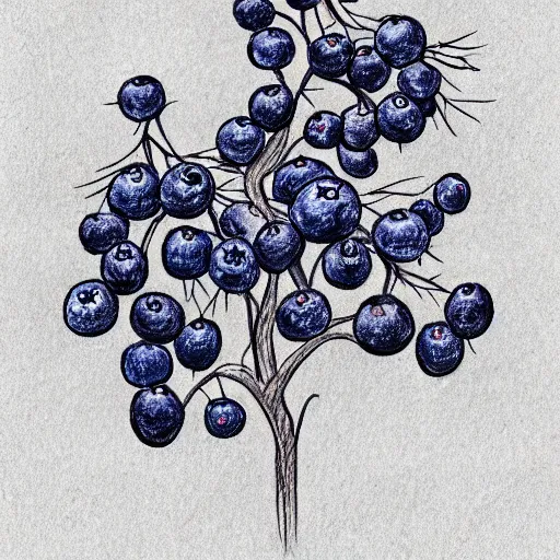 Prompt: drawing of blueberry bush. Traditional art. Rustic. Nordic. 4K. Trending on artstation. Detailed Bushy. Nature. Artistic.