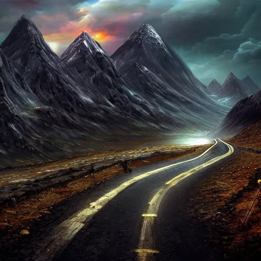 Prompt: the road to mordor, artstation hall of fame gallery, editors choice, #1 digital painting of all time, most beautiful image ever created, emotionally evocative, greatest art ever made, lifetime achievement magnum opus masterpiece, the most amazing breathtaking image with the deepest message ever painted, a thing of beauty beyond imagination or words