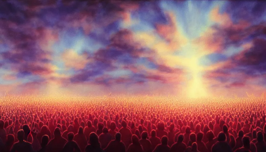 Image similar to painting of a crowd with raised arms pointing towards a glowing sky, volumetric lighting, nasty, hyperdetailed, realistic