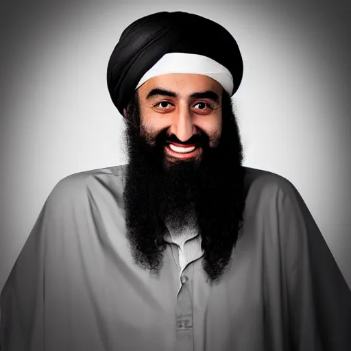 Image similar to profile picture photo of osama bin laden happily smiling, studio lighting, monochromatic background