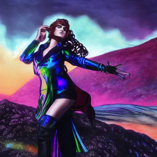 Image similar to high fantasy 1 9 8 0's wargame airbrushed artwork - inspired octane render, a model wearing an iridescent clear latex jacket and colorful iridescent glittery makeup posing in a volcanic black rock landscape