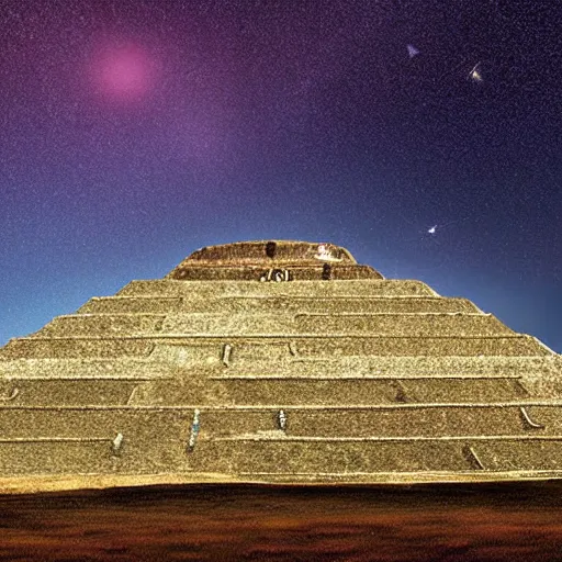 Prompt: Alien ship landing on teotihuacan pyramids at night flashes of light epic cosmic background starry night realistic photograph