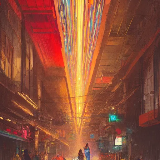 Image similar to Downtown Mexico, string lights, colorful lighting, night, by Tooth Wu, by Frank Lloyd Wright, by Greg Rutkowski