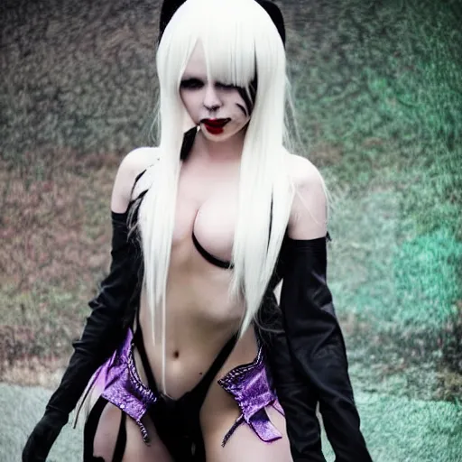 Prompt: modeling photograph kerli koiv as a cosplayer, blonde, beautiful, dark, mysterious, bubblegoth