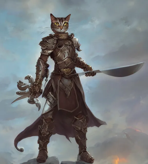 a cat warrior wearing armor holding one single sword,, Stable Diffusion