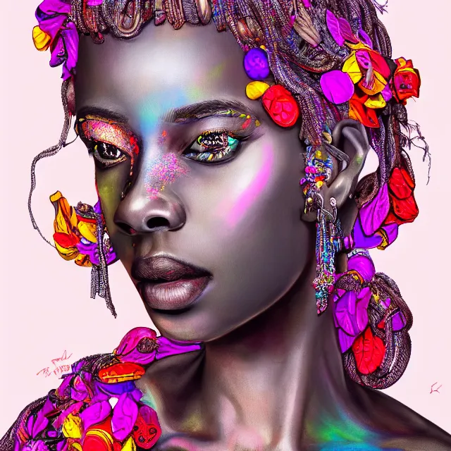 Image similar to studio portrait absurdly beautiful, elegant, lovely, young hypercolorful sensual african idol rubies red petals gems, ultrafine hyperrealistic detailed face illustration by kim jung gi, irakli nadar, intricate linework, sharp focus, bright colors, matte, octopath traveler, final fantasy, unreal engine highly rendered, global illumination, radiant light, intricate rainbow environment