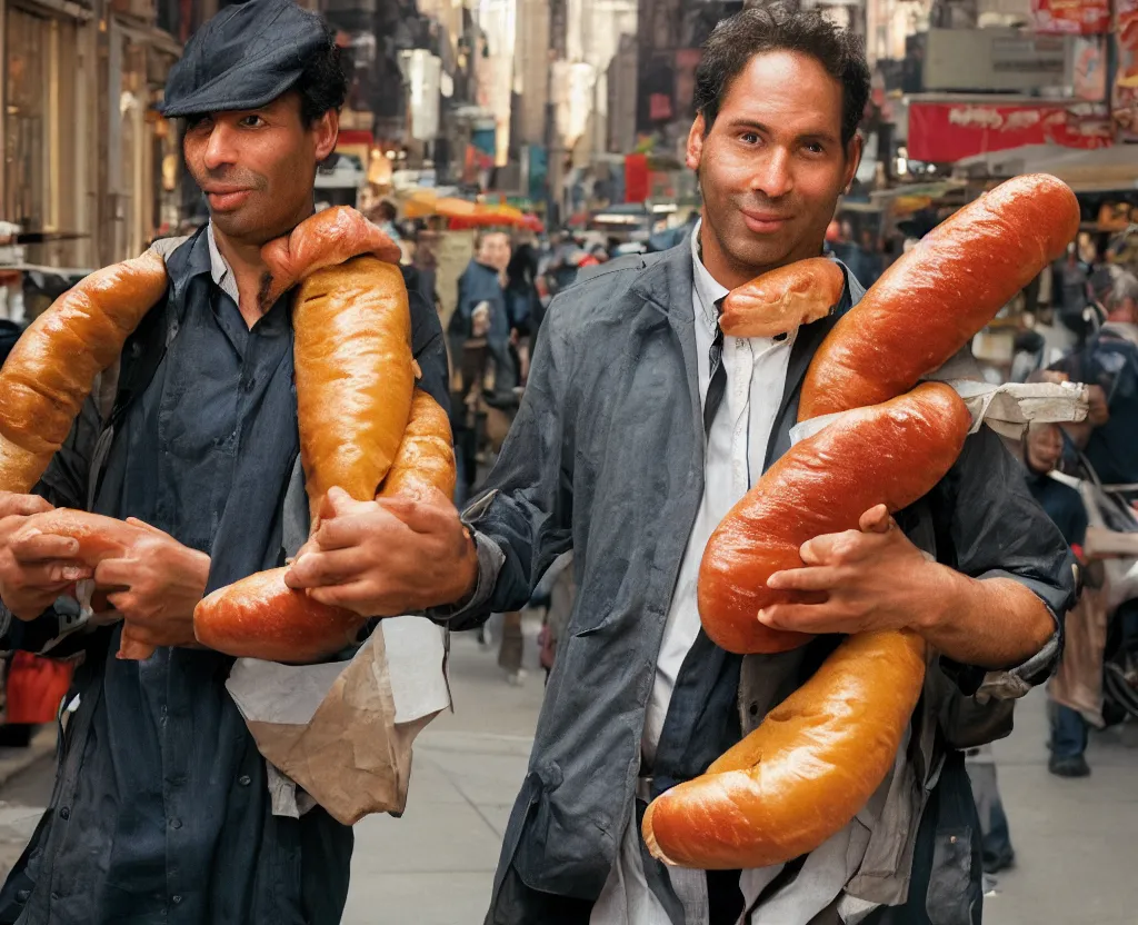 Image similar to closeup portrait of a man carrying a giant hotdog on his shoulder in a smoky new york back street, by Annie Leibovitz and Steve McCurry, natural light, detailed face, CANON Eos C300, ƒ1.8, 35mm, 8K, medium-format print