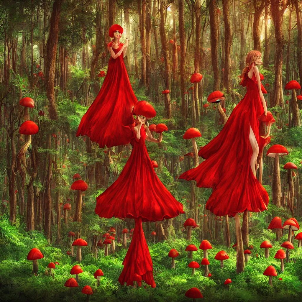 Image similar to Mushroom forest, biopunk, lush, vegetation, tall trees, godrays, falling leaves, woman, red dress, red mushrooms, digital art, 8k, trending on artstation