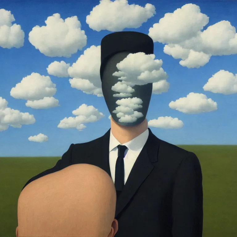 Image similar to portrait of a faceless shadow - head man in a suit, clouds in the background, by rene magritte, detailed painting, distance, centered, hd, hq, high resolution, high detail, 4 k, 8 k