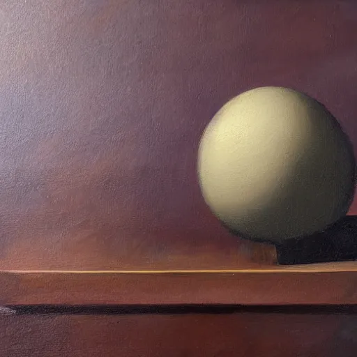 Image similar to oil painting of a spherical rough boulder on a pedestal with a match stick in its side, brown background