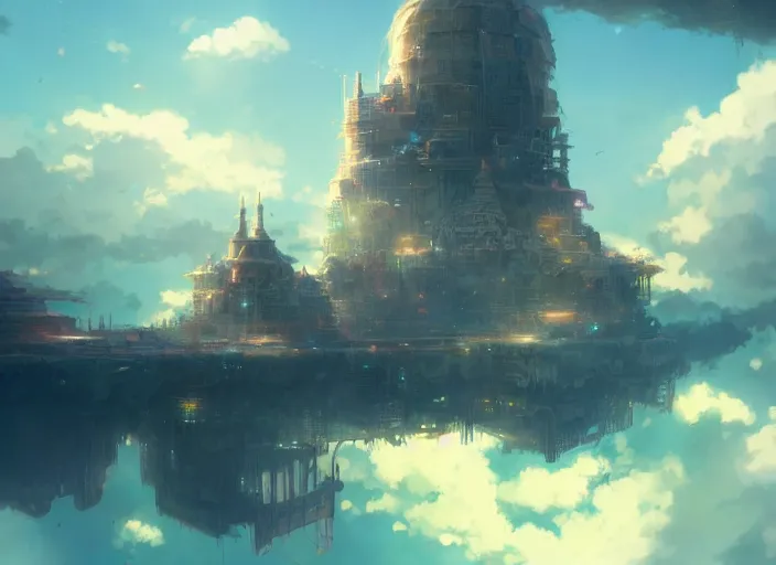 Prompt: floating city on clouds, 8 k, hd, details, fantasy, epic, ancient city, landscape illustration concept art anime key visual trending pixiv fanbox by wlop and greg rutkowski and makoto shinkai and studio ghibli and kyoto animation symmetrical facial features