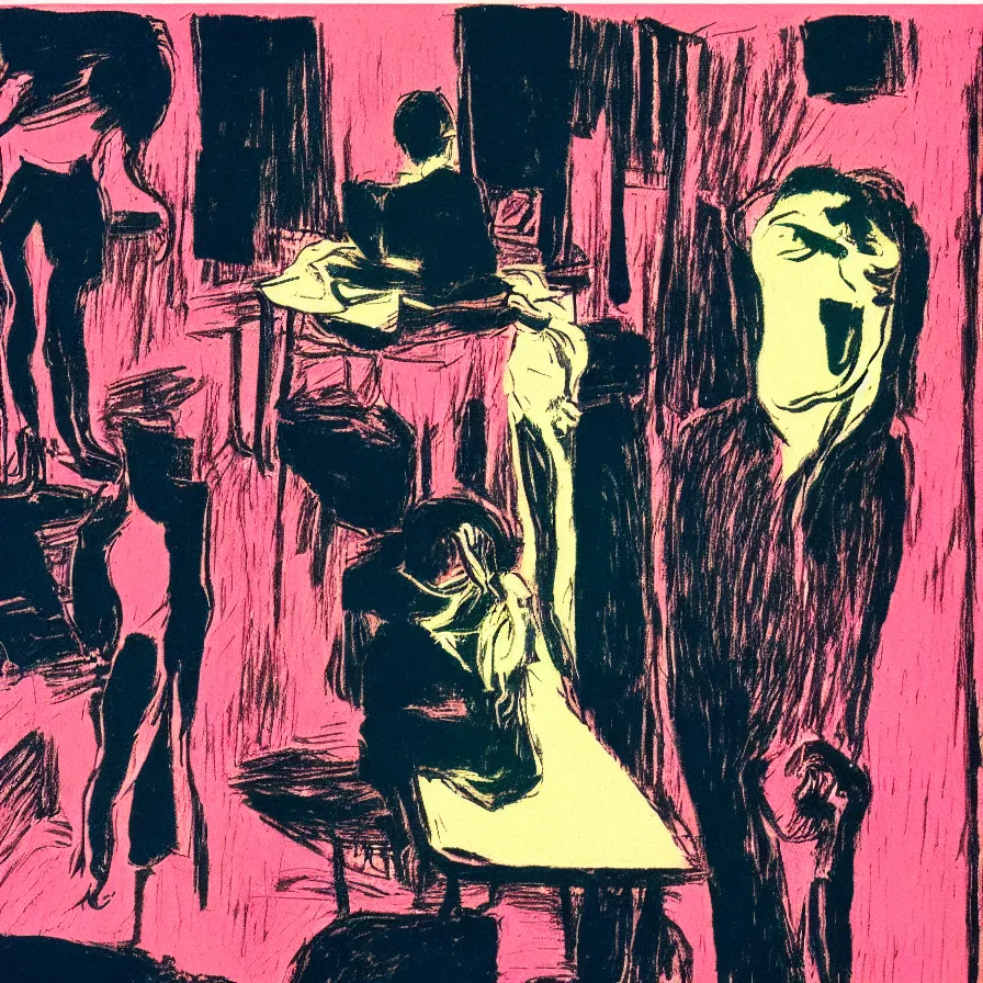 Prompt: the worst night of my life, by francis bacon, saul bass, risograph, sharp focus, 8 k,